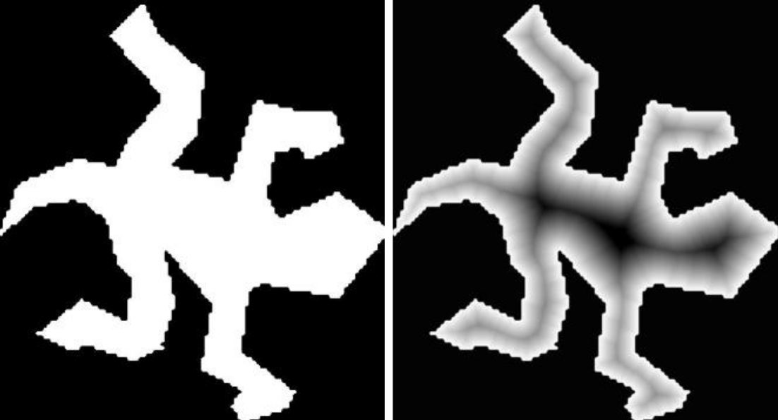 A binary shape and its distance map: at each point, the distance to the nearest boundary